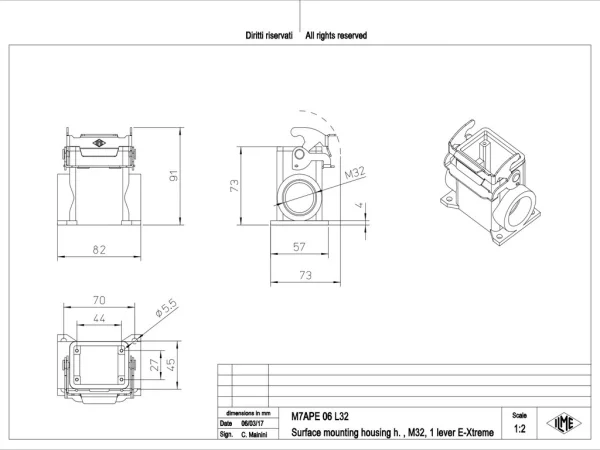 surface mounting housing, high, size 44.27, E-Xtreme alu, 1 lever, 1xM32 side