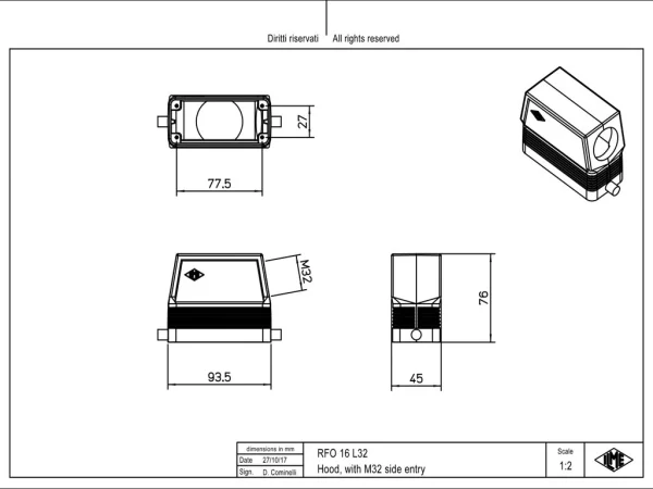 hood, high, size 77.27, HNM alu, 2 pegs, 1xM32 side, no adaptor