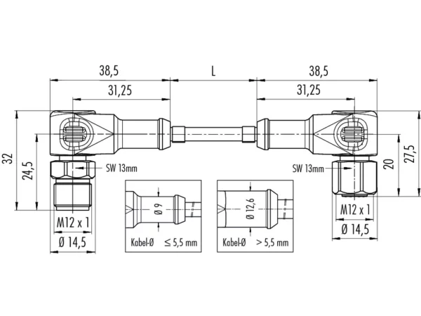 Connecting cable, Male angled connector M12x1 - Female angled connector M12x1