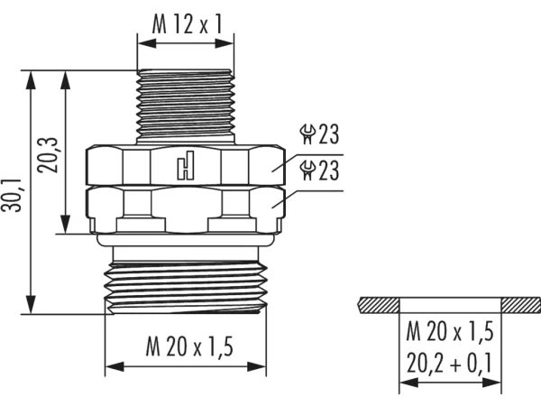 Panel connector male thread, single hole front mounted, orientable