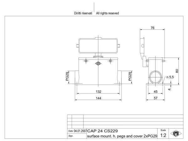 surface mounting housing, high, size 104.27, C-TYPE alu, 4 pegs, 2xPG29 side, cov.