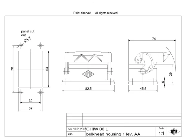bulkhead mounting housing, size 44.27, W-TYPE alu, 1 lever