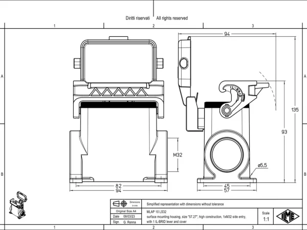 surface mounting housing, size 57.27, IL-BRID stainless steel, 1 lever, 1xM32 side