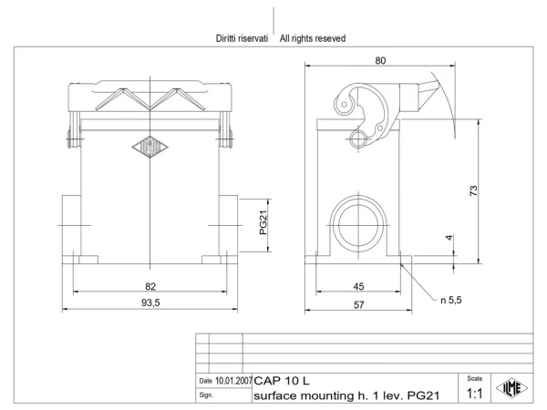 surface mounting housing, high, size 57.27, C-TYPE alu, 1 lever, 1xPG21 side