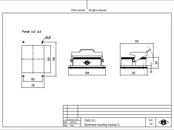 bulkhead mounting housing, size 77.62, C-TYPE alu, 1 lever stainless steel