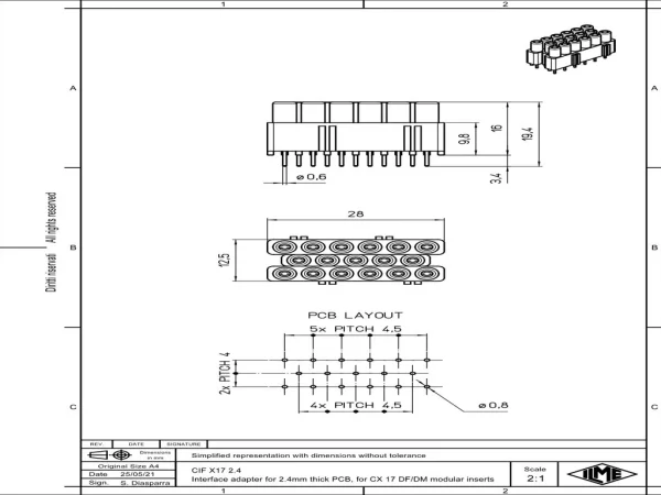 interface module, gold, 17p, plug, 7,5A, 160V, for PCB-size up to 2,4mm
