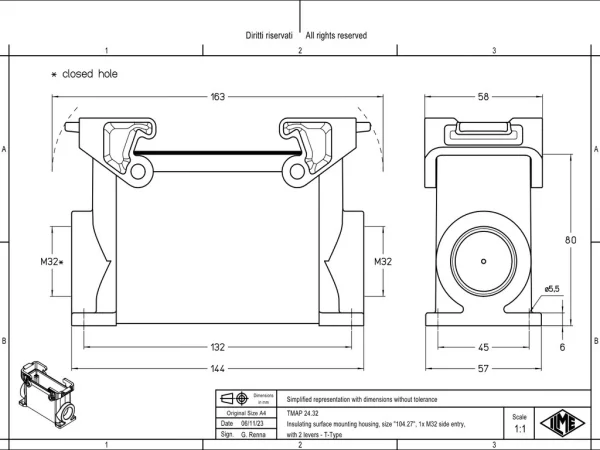 surface mounting housing, high, size 104.27, T-TYPE plastic, 2 levers, 1xM32 side