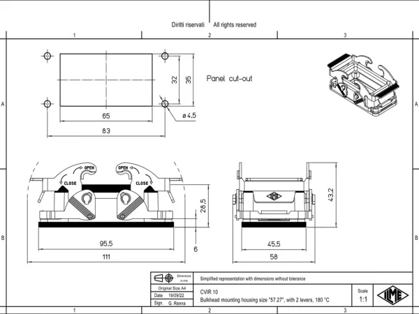 bulkhead mounting housing, size 57.27, 180 °C alu, 2 levers