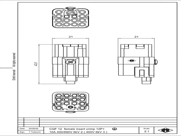 female insert, size 21.21, 12p+PE, crimp, 10A, 400V