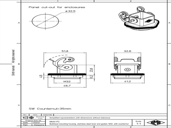 bulkhead mounting housing, size 21.21, CKA zinc, 1 lever stainless steel, 1xM32 external, profiled gasket