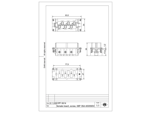 female insert, 6p+PE, silver, screw, 35A, 400, 690V, for size 77.62, black