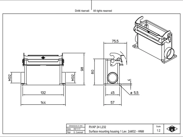 surface mounting housing, high, size 104.27, HNM alu, 1 lever, 2xM32 side