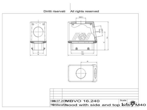 hood, size 77.27, BIG alu, 4 pegs, 2xM40 top, 2xM40 side, extended terminal compartment