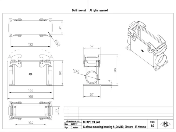 surface mounting housing, high, size 104.27, E-Xtreme alu, 2 levers, 2xM40 side