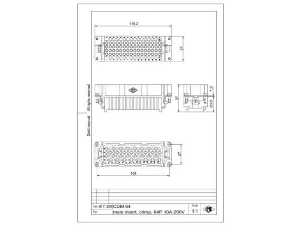 male insert, size 104.27, 64p+PE, crimp, 10A, 250V