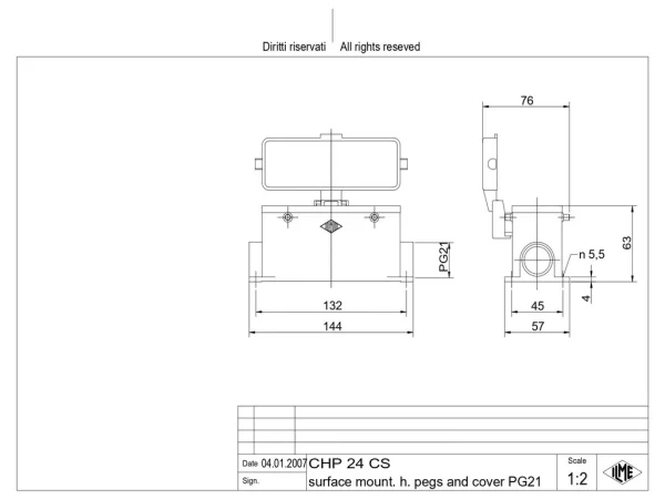 surface mounting housing, size 104.27, C-TYPE alu, 4 pegs, 1xPG21 side, cov.