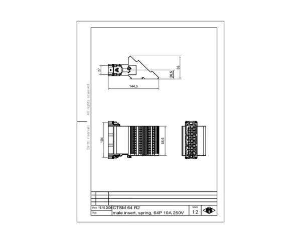male insert, size 104.27, 64p+PE, silver, spring, 10A, 250V, right