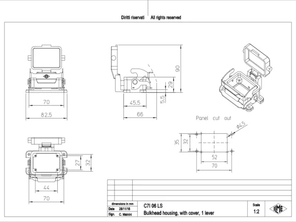bulkhead mounting housing, size 44.27, V-TYPE alu, 1 lever, cover metal