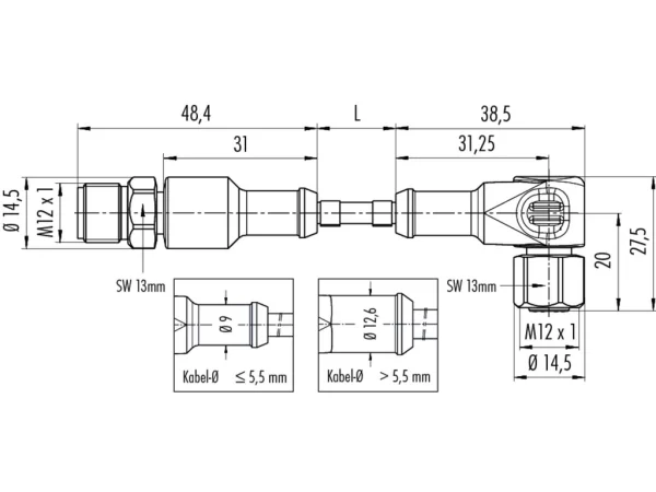 Connecting cable, Male cable connector M12x1 - Female angled connector M12x1