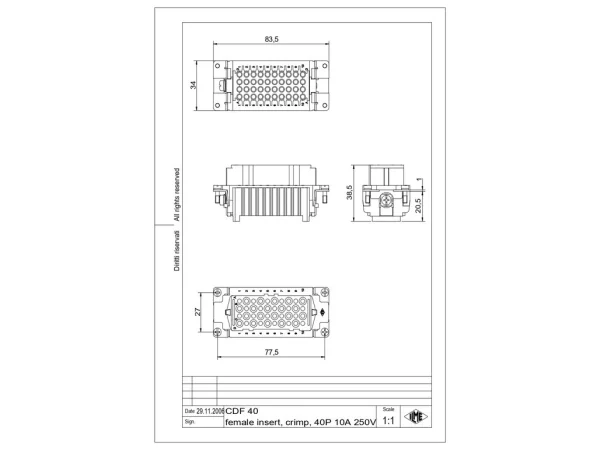 female insert, size 77.27, 40p+PE, crimp, 10A, 250V