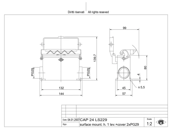 surface mounting housing, high, size 104.27, C-TYPE alu, 1 lever, 2xPG29 side, cov.