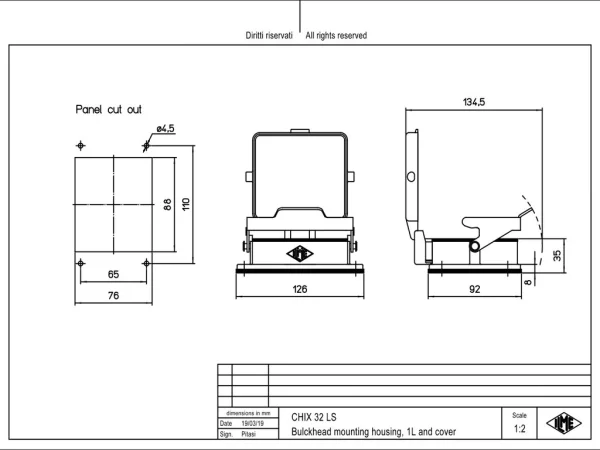 bulkhead mounting housing, size 77.62, C-TYPE alu, 1 lever stainless steel, cover metal