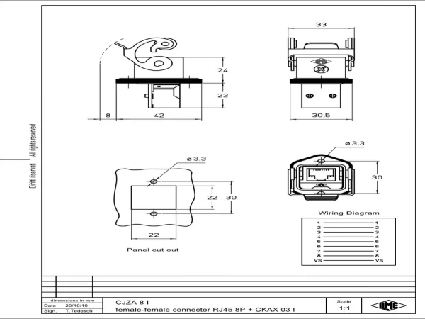 bulkhead mounting connector, size 21.21, zinc, 1 lever, 8p, RJ45