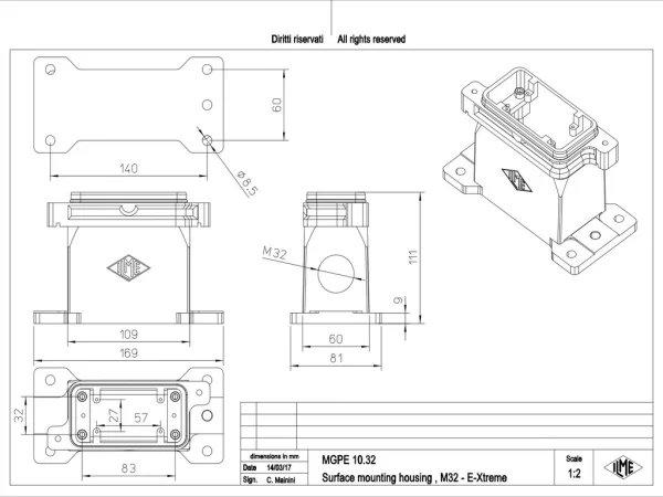 surface mounting housing, size 57.27, IP68 E-Xtreme alu, screw locking, 1xM32 side
