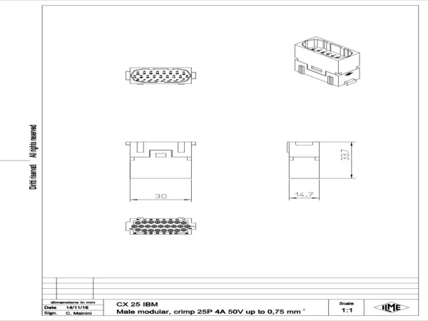 male insert, MIXO, 1MU, 25p, crimp, 4A, 50V, for CIMA/D 0.3-0.7