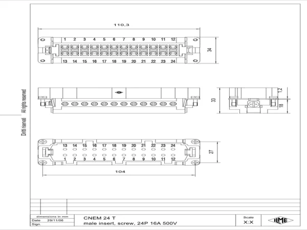 male insert, size 104.27, 24p+PE, silver, screw, 16A, 500V