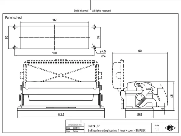 bulkhead mounting housing, size 104.27, V-TYPE alu, 1 lever, spring cover