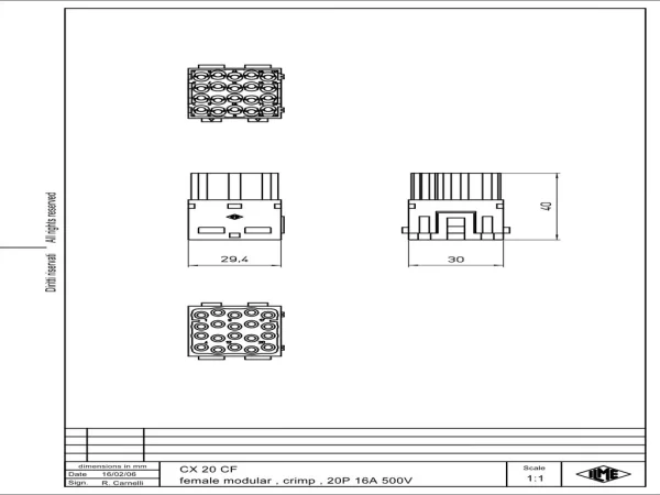 female insert, MIXO, 2MU, 20p, crimp, 16A, 500V