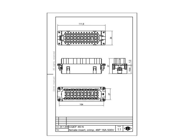 female insert, 46p+PE, crimp, 16A, 500V, for size 104.62 no.47-92