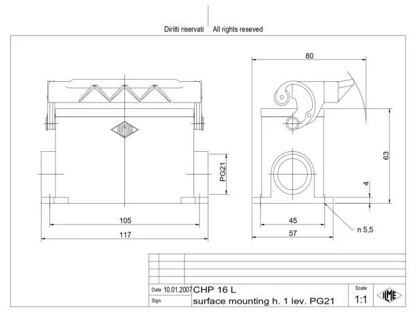 surface mounting housing, size 77.27, C-TYPE alu, 1 lever, 1xPG21 side