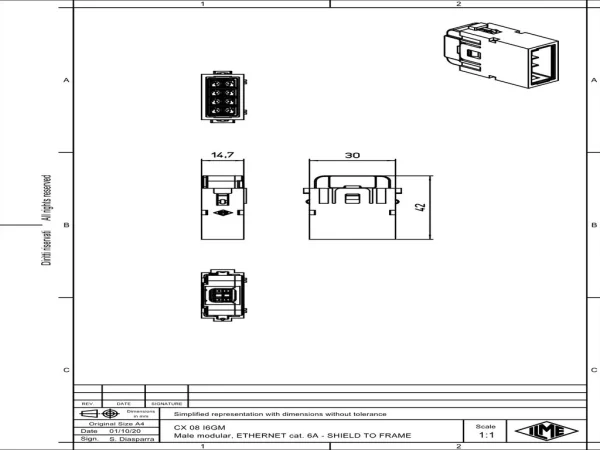 male insert, MIXO, 8p, crimp, 5A, 50V, gigabit, with contact to PE