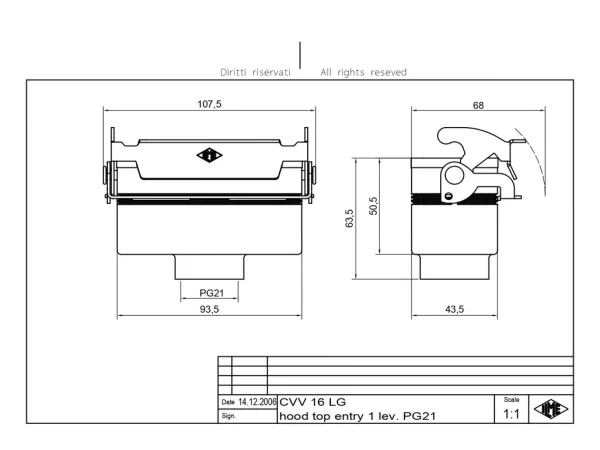 hood, size 77.27, V-type alu, 1 lever, 1xPG21 top