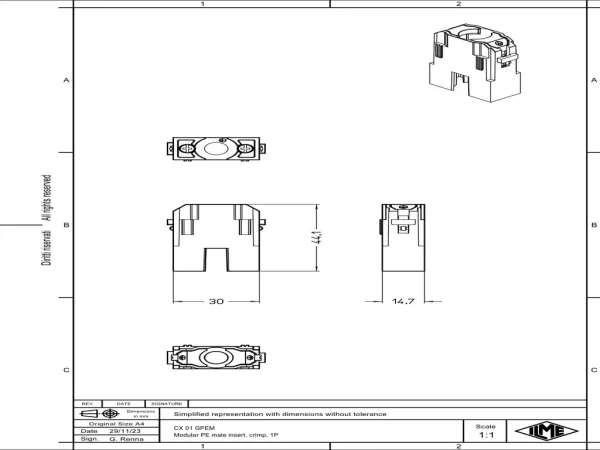 male insert, MIXO, 1MU, 1PE, crimp, 100A