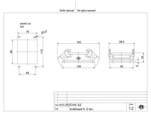 bulkhead mounting housing, size 77.62, C-TYPE alu, 2 levers