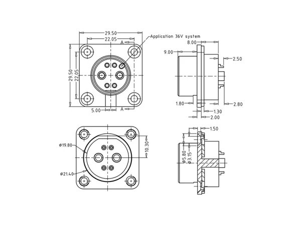 Battery male panel mount connector 36V code, no locking (push-on)