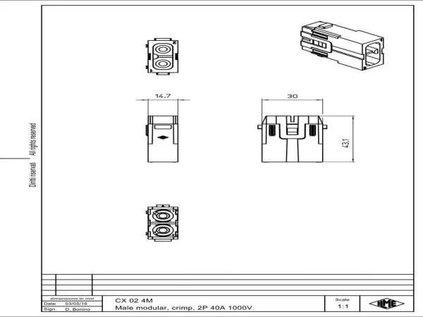 male insert, MIXO, 1MU, 2p, crimp, 40A, 1000V