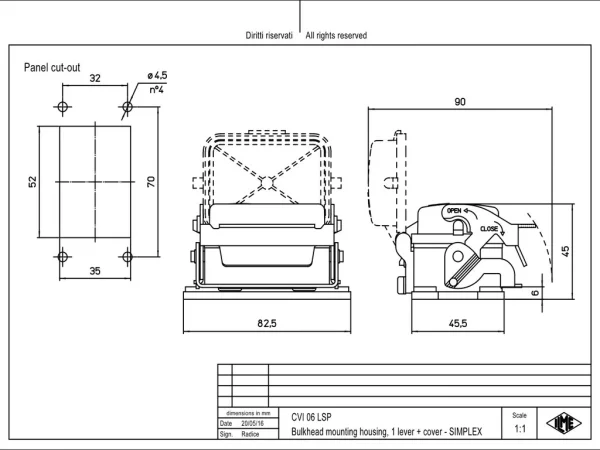 bulkhead mounting housing, size 44.27, V-TYPE alu, 1 lever, spring cover