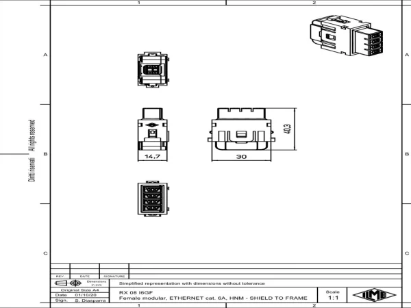 female insert, MIXO HNM, 1MU, 8p, crimp, 5A, 50V, gigabit, with contact to PE