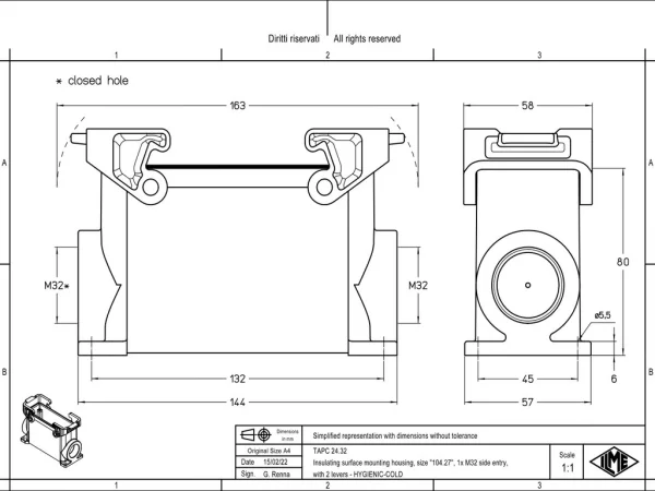 surface mounting housing, high, size 104.27, T-TYPE C plastic, 2 levers, 1xM32 side