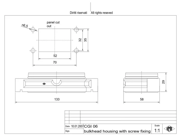 bulkhead mounting housing, size 44.27, IP68 alu, screw locking