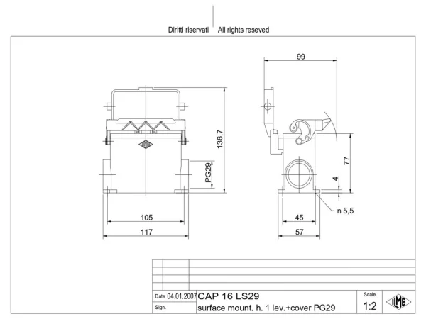 surface mounting housing, high, size 77.27, C-TYPE alu, 1 lever, 1xPG29 side, cov.