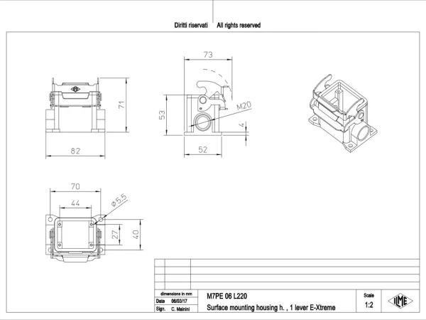 surface mounting housing, size 44.27, E-Xtreme alu, 1 lever, 2xM20 side