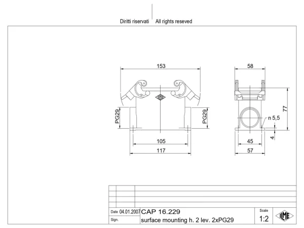 surface mounting housing, high, size 77.27, C-TYPE alu, 2 levers, 2xPG29 side