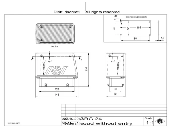 hood, size 104.27, BIG alu, 4 pegs, extended terminal compartment