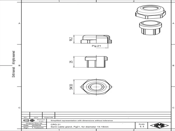 Semi-cable gland, PG21, wire section range 14-18mm