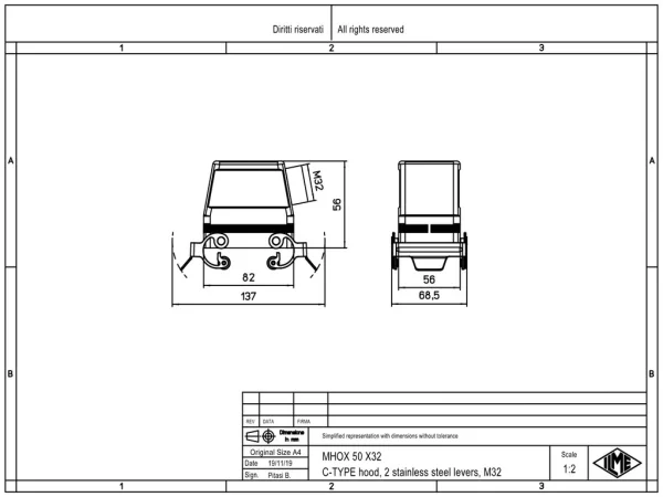 hood, size 66.40, C-TYPE alu, 2 levers stainless steel, 1xM32 side